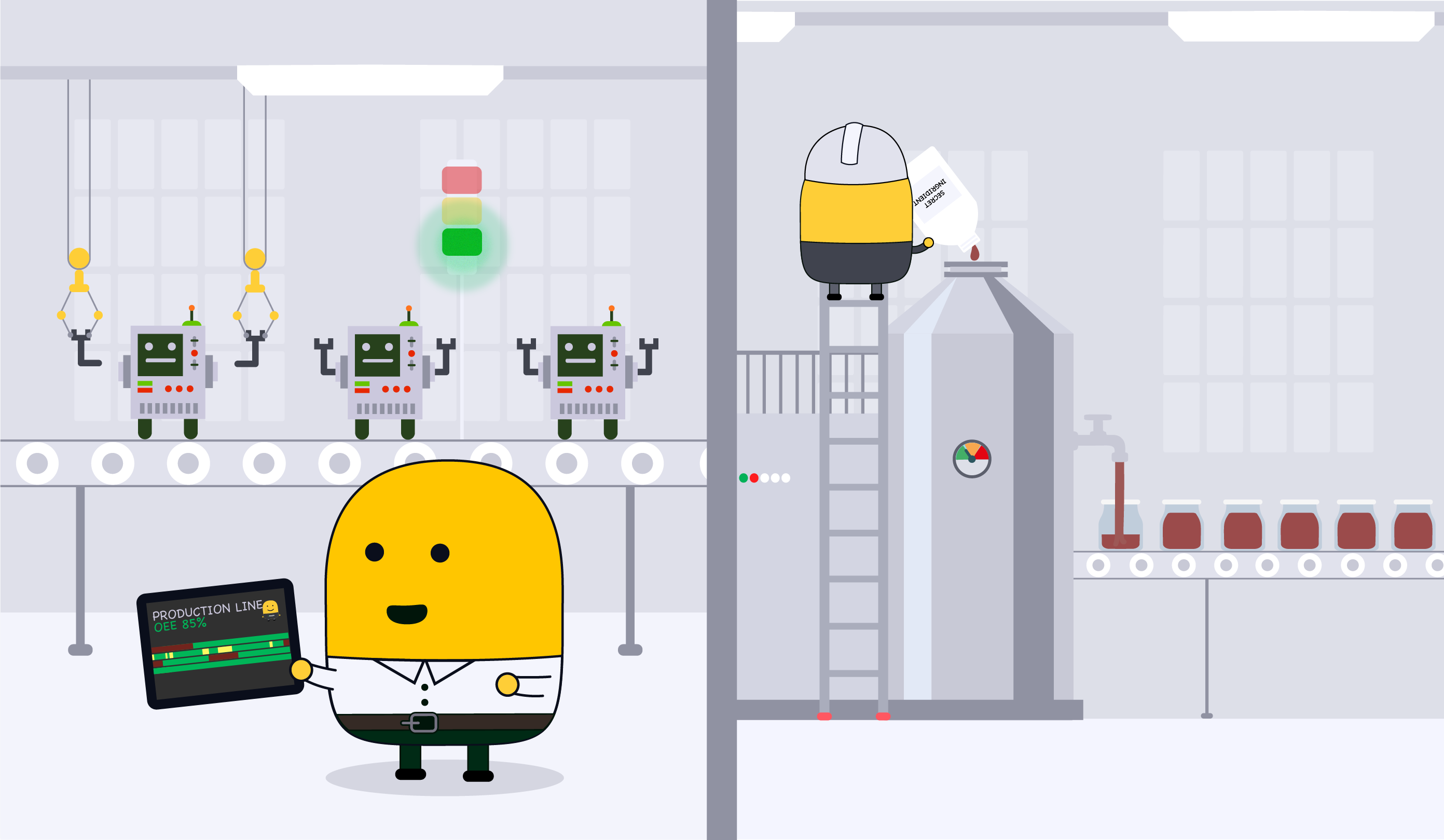 An illustration of Mr. Evocon working with both processes. Producing electronics using discrete manufacturing, and producing a liquid using process manufacturing.