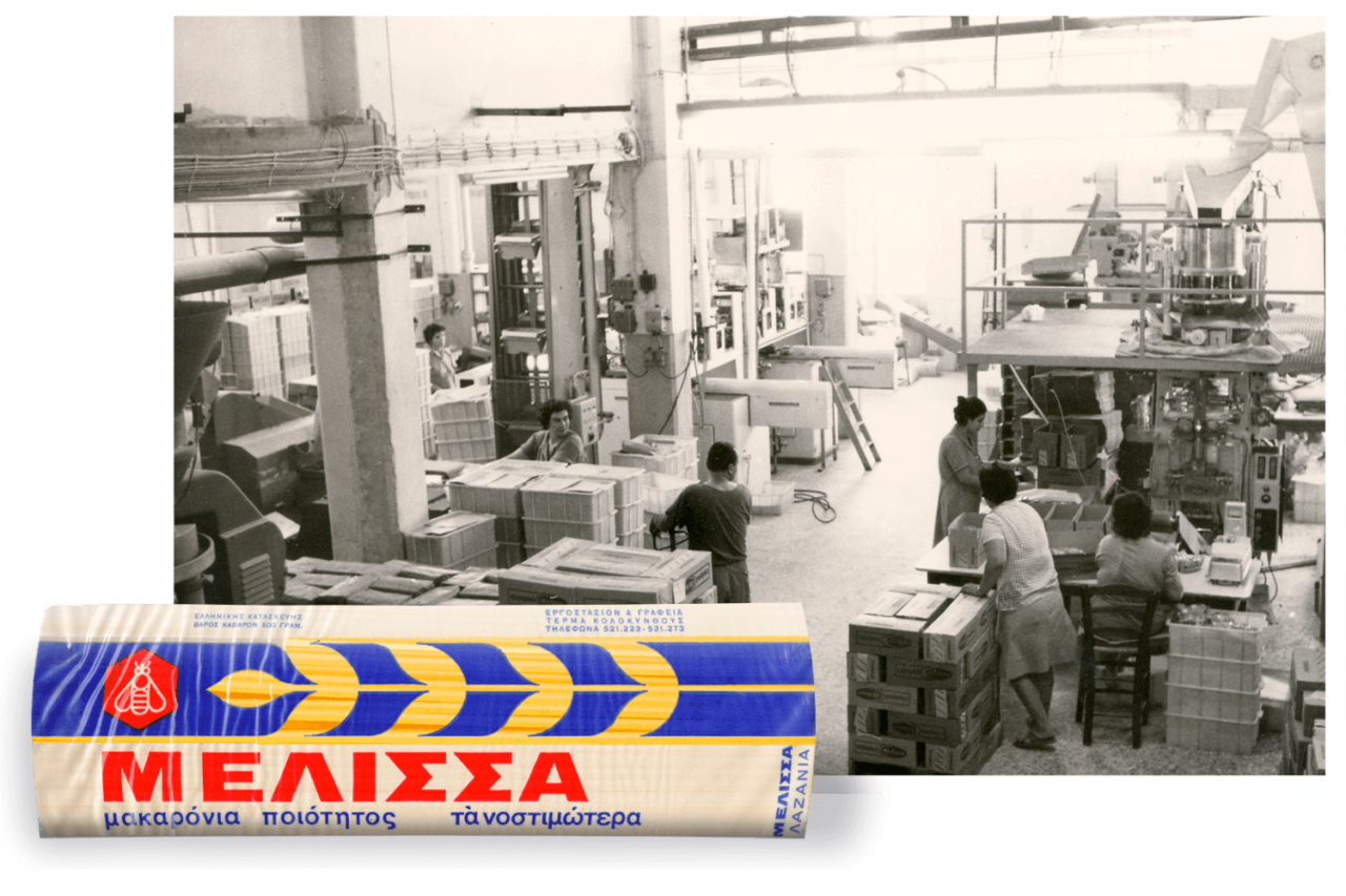 The shop floor at Melissa Kikzas' facility in 1967, alongside their packaging from that time. 