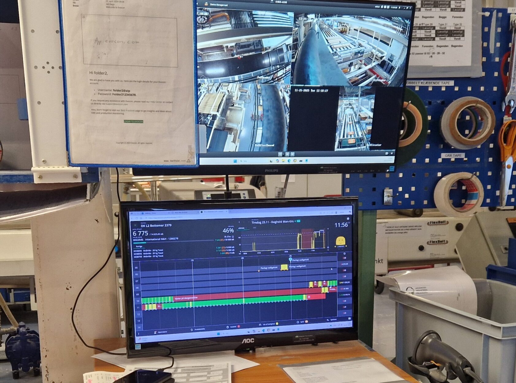 Evocon Shift View visualization displaying machine status in real-time, with a monitor overhead to view production.