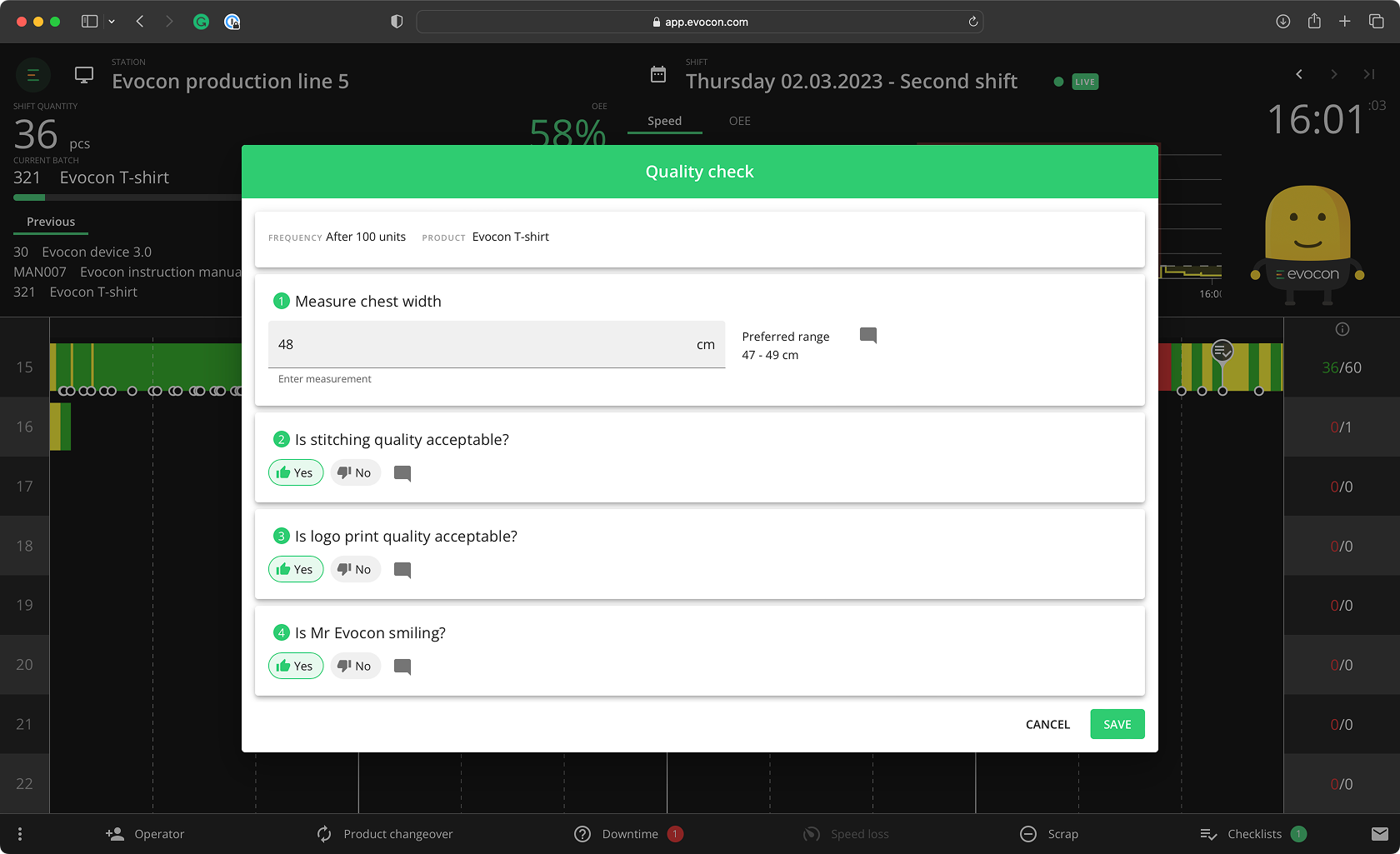 An example of a quality check using Evocon Checklists, which can be used to continuously maintain the quality gained through SMED.
